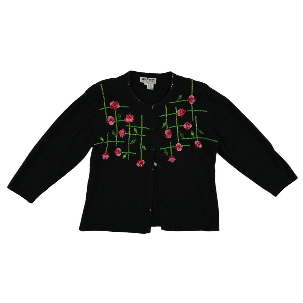 Jack B. Quick Cardigan Sweater Women's Size Large Black Floral Beaded Sequin Y2K